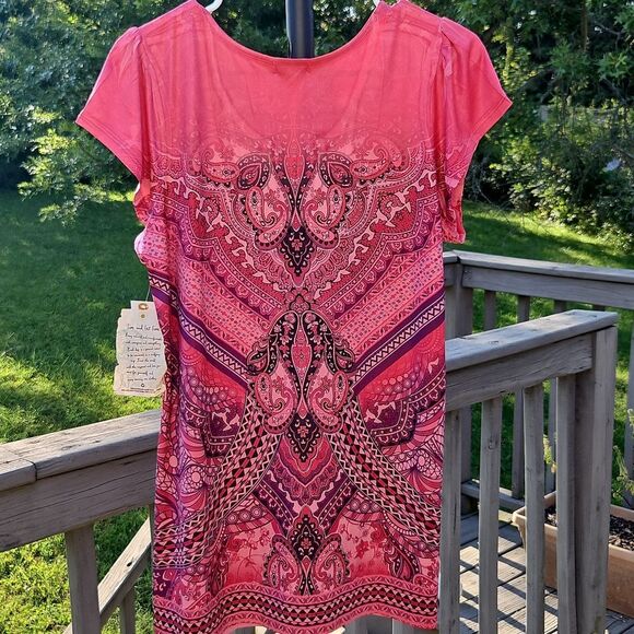 Oneworld Embellished Boho Tunic Top XL Coral Pink Multicolor Paisley Print - Picture 8 of 8